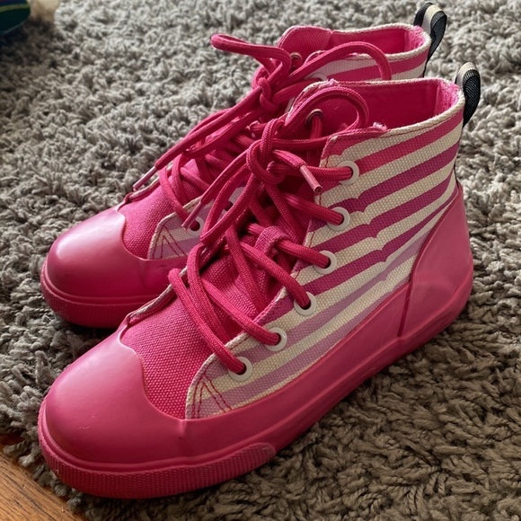 Hunter for Target Pink White Stripe Rain Boot Rubber Canvas High Top Sneaker 1 - Picture 10 of 14